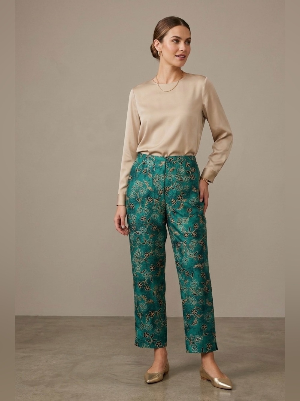 SILKLAND Floral Embroidered Silk Pants Art Deco Regencycore in Teal Gold Size 12